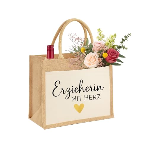 Personalisierte Erzieherin Lehrerin Hebamme Kollegin Nachhaltige Jute-Tasche Kosmetiktasche Make up Schmink Geschenk-Tasche Jute-Beutel Einkaufstasche aus 100% Jute und Baumwolle, S von Unibly