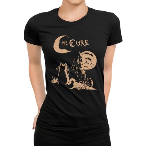 The Cure Cat Moon Lover 90er Damen T-Shirt, Schwarz, S von Unibly