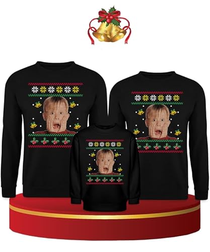 Unibly Kevin Allein Zuhause - Weihnachten Familien Set Ugly Sweater Kinder Pullover, Schwarz, 128 von Unibly