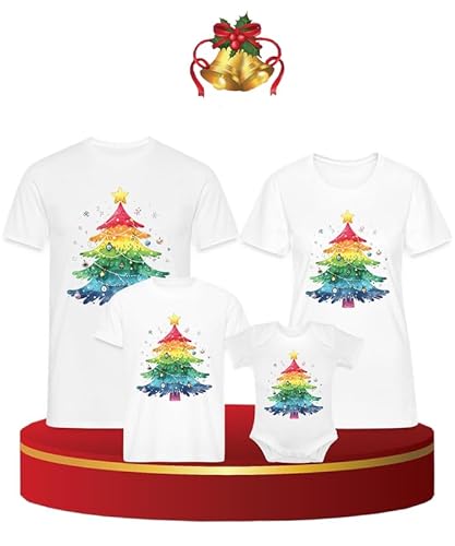 Unibly Regenbogen Weihnachtsbaum - Weihnachten Familien Set Kinder T-Shirt, Weiß, 140 von Unibly