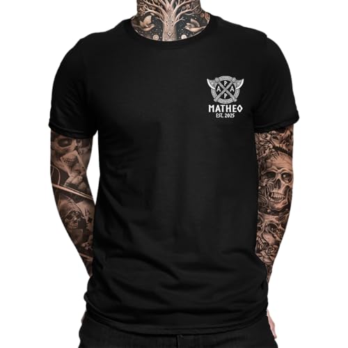 Wikinger Papa Personalisiert mit Namen und Geburtsjahren der Kinder | Vater Thor Odin – Valhalla Perfekter Vatertag Herren T-Shirt, Schwarz, XXL von Unibly