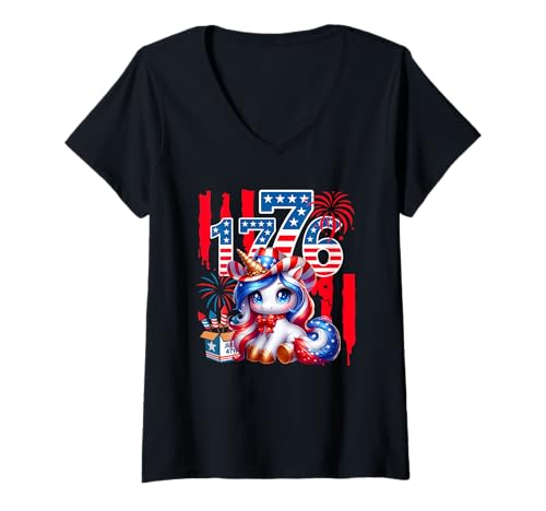 Damen 1776 Proud 4th July US Flag Fireworks Unicorn Patriotic Team T-Shirt mit V-Ausschnitt Damen 1776 Proud 4th July US Flag Fireworks Unicorn Patriotic Team T-Shirt mit V-Ausschnitt von Unicorn 4th Of July Costume