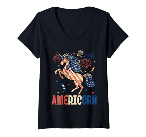 Damen Americorn 4th Of July US Flag Cute Unicorn Lover Patriotic T-Shirt mit V-Ausschnitt Damen Americorn 4th Of July US Flag Cute Unicorn Lover Patriotic T-Shirt mit V-Ausschnitt von Unicorn 4th Of July Costume