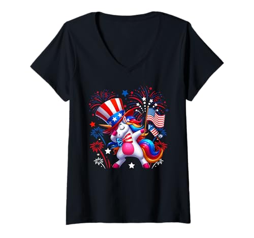 Damen Dabbing Unicorn 4. Juli US-Flagge Feuerwerk Patriotisches Team T-Shirt mit V-Ausschnitt Damen Dabbing Unicorn 4. Juli US-Flagge Feuerwerk Patriotisches Team T-Shirt mit V-Ausschnitt von Unicorn 4th Of July Costume