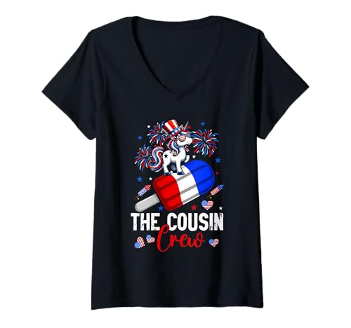 Damen The Cousin Crew 4th July US Flag Unicorn Riding Ice Cream T-Shirt mit V-Ausschnitt Damen The Cousin Crew 4th July US Flag Unicorn Riding Ice Cream T-Shirt mit V-Ausschnitt von Unicorn 4th Of July Costume