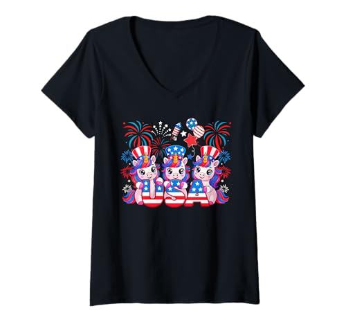 Damen USA 4th July Three Cute Unicorns Holding US Flag Patriotic T-Shirt mit V-Ausschnitt Damen USA 4th July Three Cute Unicorns Holding US Flag Patriotic T-Shirt mit V-Ausschnitt von Unicorn 4th Of July Costume