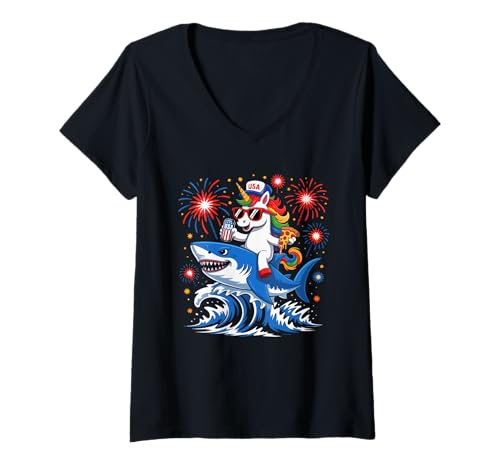 Damen Unicorn Riding Shark With Beer Pizza 4th Of July Patriotic T-Shirt mit V-Ausschnitt Damen Unicorn Riding Shark With Beer Pizza 4th Of July Patriotic T-Shirt mit V-Ausschnitt von Unicorn 4th Of July Costume