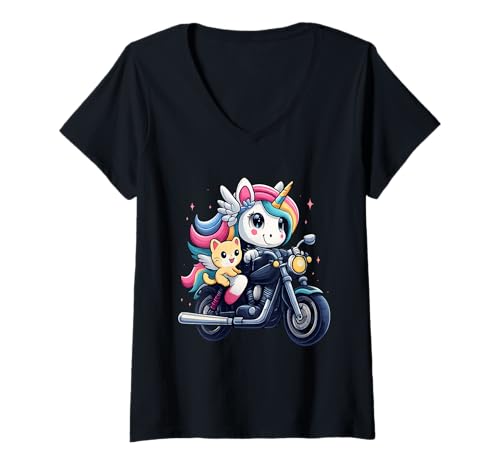 Damen Einhorn und Katze Reiten Motorrad Jungen Mädchen Männer Frauen Kinder T-Shirt mit V-Ausschnitt von Unicorn And Cat Riding A Motorcycle Rainbow Shop
