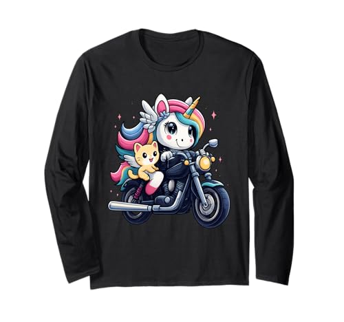 Einhorn und Katze Reiten Motorrad Jungen Mädchen Männer Frauen Kinder Langarmshirt von Unicorn And Cat Riding A Motorcycle Rainbow Shop