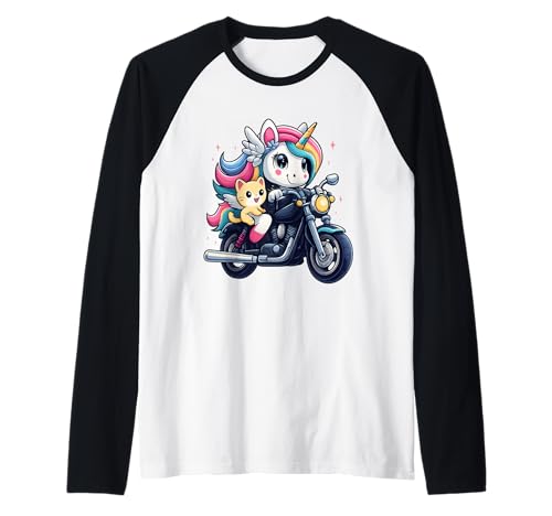 Einhorn und Katze Reiten Motorrad Jungen Mädchen Männer Frauen Kinder Raglan von Unicorn And Cat Riding A Motorcycle Rainbow Shop