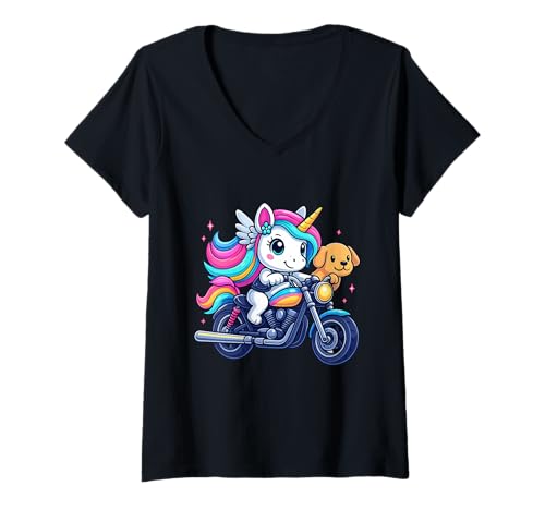 Damen Einhorn und Hund Reiten Motorrad Jungen Mädchen Männer Frauen Kinder T-Shirt mit V-Ausschnitt von Unicorn And Dog Riding A Motorcycle Rainbow Shop