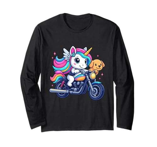 Einhorn und Hund Reiten Motorrad Jungen Mädchen Männer Frauen Kinder Langarmshirt von Unicorn And Dog Riding A Motorcycle Rainbow Shop