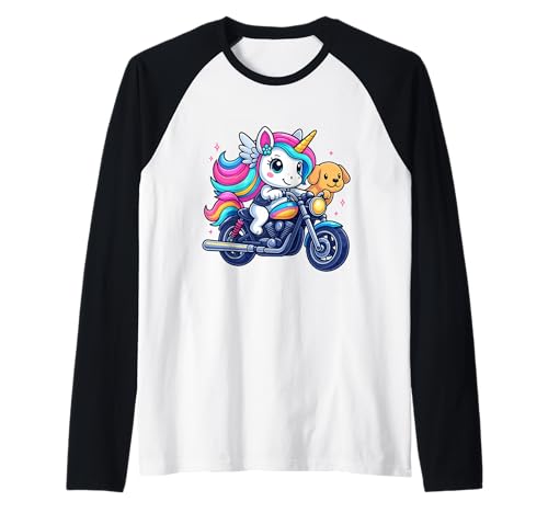 Einhorn und Hund Reiten Motorrad Jungen Mädchen Männer Frauen Kinder Raglan von Unicorn And Dog Riding A Motorcycle Rainbow Shop