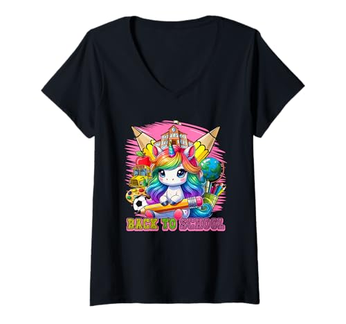 Damen Back To School Unicorn Student Colorful Tools Matching Kids T-Shirt mit V-Ausschnitt von Unicorn Back To School Costume