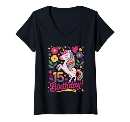Damen It's My 15th Birthday Unicorn T-Shirt mit V-Ausschnitt Damen It's My 15th Birthday Unicorn T-Shirt mit V-Ausschnitt von Unicorn Birthday Celebration Art
