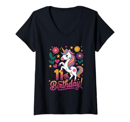 Damen It's My 11th Birthday Unicorn T-Shirt mit V-Ausschnitt Damen It's My 11th Birthday Unicorn T-Shirt mit V-Ausschnitt von Unicorn Birthday Celebration Fun