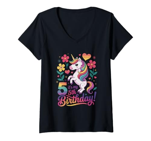 Damen It's My 5th Birthday Einhorn Blumen T-Shirt mit V-Ausschnitt Damen It's My 5th Birthday Einhorn Blumen T-Shirt mit V-Ausschnitt von Unicorn Birthday Rainbow Flowers Love