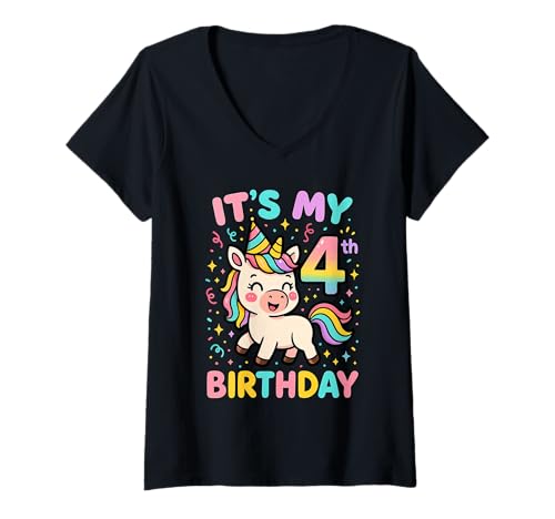 Damen Unicorn 4th Birthday I'm 4 Years Old Girl Unicorn T-Shirt mit V-Ausschnitt von Unicorn Birthday for 4 Year Old Girls