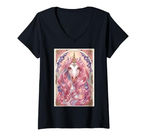 Damen Einhorn Horn rosa Frisur mit Blumen Mystical T-Shirt mit V-Ausschnitt von Unicorn Creature With Pink Mane Fantasy Magical
