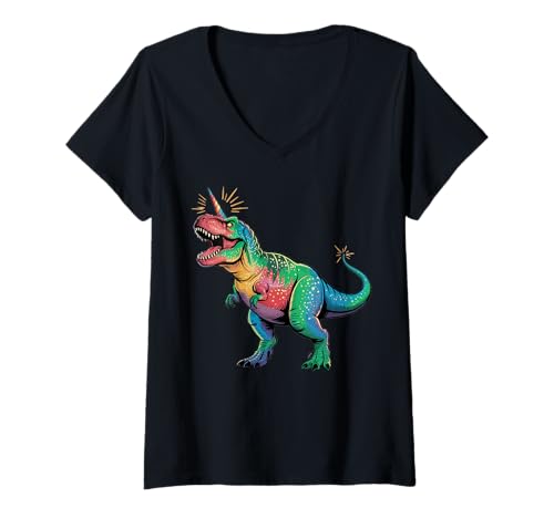 Damen Unicorn Dino Tyrannosaurus Rex Glitzer Dino Einhorn T-Shirt mit V-Ausschnitt Damen Unicorn Dino Tyrannosaurus Rex Glitzer Dino Einhorn T-Shirt mit V-Ausschnitt von Unicorn Dino Tyrannosaurus Rex Glitzer Einhorn