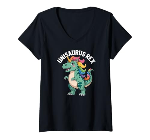 Damen Unisaurus Rex Regenbogen Einhorn Dinosaurier Spaß T-Shirt mit V-Ausschnitt von Unicorn Dinosaur Fantasy Magic Creature