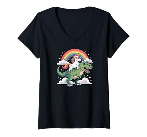 Damen Unicorn Riding T Rex Rainbow Clouds Cute Dinosaur T-Shirt mit V-Ausschnitt Damen Unicorn Riding T Rex Rainbow Clouds Cute Dinosaur T-Shirt mit V-Ausschnitt von Unicorn Dinosaur Rainbow T Rex Fantasy Kids