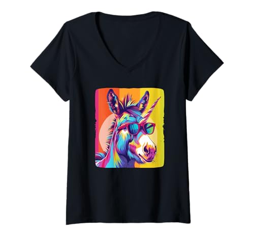 Damen Mehrfarbige Sonnenbrille Einhorn Esel Kostüm T-Shirt mit V-Ausschnitt Damen Mehrfarbige Sonnenbrille Einhorn Esel Kostüm T-Shirt mit V-Ausschnitt von Unicorn Donkey Outfit