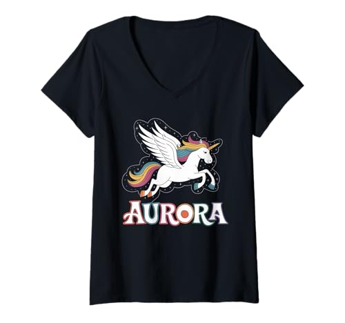 Damen Magisches Aurora Einhorn Mädchen Vornamen Design T-Shirt mit V-Ausschnitt Damen Magisches Aurora Einhorn Mädchen Vornamen Design T-Shirt mit V-Ausschnitt von Unicorn Dreams and First Names