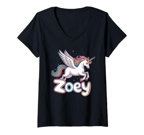 Damen Magisches Zoey Einhorn Mädchen Vornamen Design T-Shirt mit V-Ausschnitt Damen Magisches Zoey Einhorn Mädchen Vornamen Design T-Shirt mit V-Ausschnitt von Unicorn Dreams and First Names