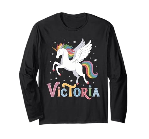 Magisches Victoria Einhorn Mädchen Vorname Design Langarmshirt Magisches Victoria Einhorn Mädchen Vorname Design Langarmshirt von Unicorn Dreams and First Names