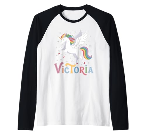Magisches Victoria Einhorn Mädchen Vorname Design Raglan Magisches Victoria Einhorn Mädchen Vorname Design Raglan von Unicorn Dreams and First Names