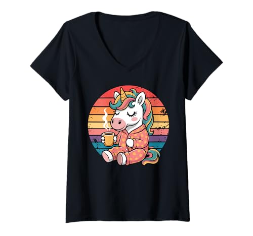 Damen Lustiges Einhorn trinken Kaffee Grafik Jungen Mädchen Frauen Kinder T-Shirt mit V-Ausschnitt von Unicorn Drinking Coffee Graphic Unicorn Lover