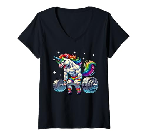 Damen Einhorn Gewichtheben Kreuzheben Fitness Gym Workout Training T-Shirt mit V-Ausschnitt von Unicorn Gym Instructor Weightlifter Bodybuilder