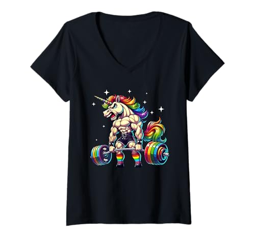Damen Einhorn Gewichtheben Kreuzheben Fitness Gym Workout Training T-Shirt mit V-Ausschnitt von Unicorn Gym Instructor Weightlifter Bodybuilder