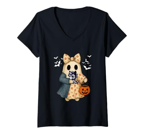 Damen Boo Fliege Umarmung Einhorn Cosplay Skelett Halloween T-Shirt mit V-Ausschnitt von Unicorn Halloween Costume