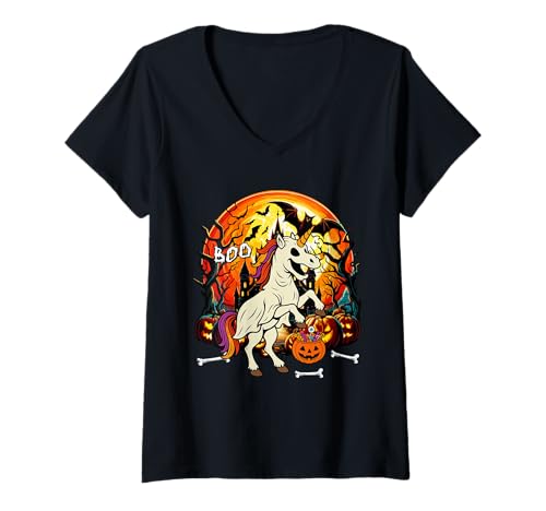 Damen Boo Halloween Unicorn Cosplay Ghost Horror Carved Pumpkins T-Shirt mit V-Ausschnitt von Unicorn Halloween Costume