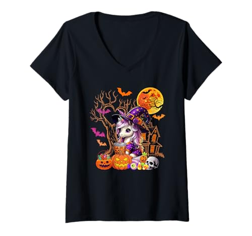 Damen Einhorn als Hexe trinkt Kaffee Halloween geschnitzter Kürbis T-Shirt mit V-Ausschnitt von Unicorn Halloween Costume