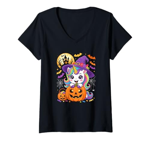 Damen Unicorn As Witch Carved Pumpkin Basket Candies Lover Kids T-Shirt mit V-Ausschnitt von Unicorn Halloween Costume