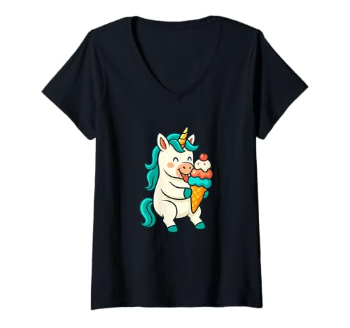 Damen Einhorn-Eiscreme, lustiges Essen, Tier, Humor, Grafik T-Shirt mit V-Ausschnitt von Unicorn Ice Cream Funny Food Lifestyle Apparel