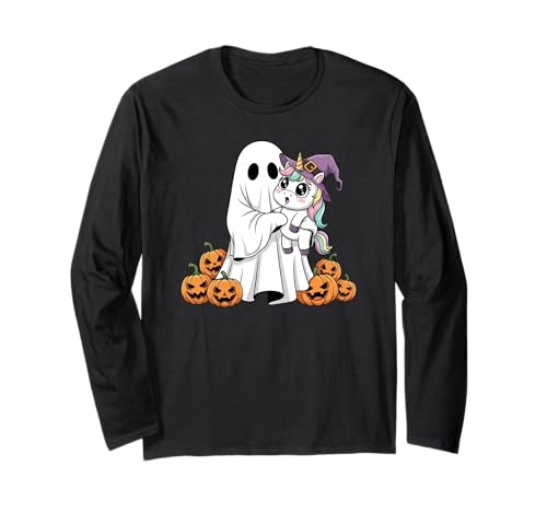 Lustiger Geist Einhorn Kürbis Halloween Kinder Herren Damen Langarmshirt von Unicorn Lovers Cute Halloween Outfits for Boy Girl
