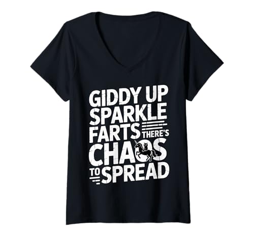 Damen Giddy Up Sparkle Farts There's Chaos to Spread - T-Shirt mit V-Ausschnitt Damen Giddy Up Sparkle Farts There's Chaos to Spread - T-Shirt mit V-Ausschnitt von Unicorn Mayhem Meme