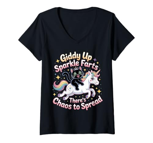 Damen Giddy Up Sparkle Farts There's Chaos to Spread - T-Shirt mit V-Ausschnitt Damen Giddy Up Sparkle Farts There's Chaos to Spread - T-Shirt mit V-Ausschnitt von Unicorn Mayhem Meme