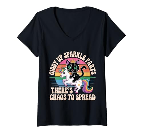 Damen Giddy Up Sparkle Farts There's Chaos to Spread - T-Shirt mit V-Ausschnitt von Unicorn Mayhem Meme