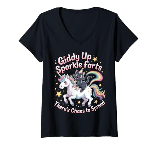 Damen Giddy Up Sparkle Farts There's Chaos to Spread |- T-Shirt mit V-Ausschnitt von Unicorn Mayhem Meme