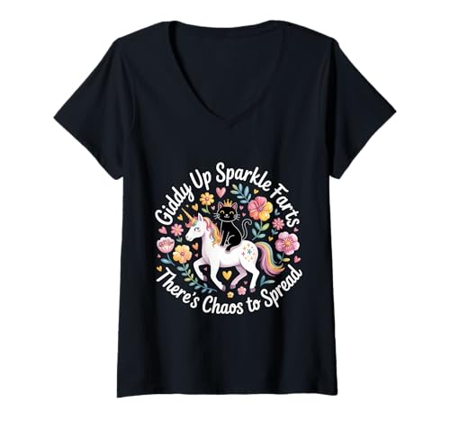 Damen Giddy Up Sparkle Farts There's Chaos to Spread - T-Shirt mit V-Ausschnitt Damen Giddy Up Sparkle Farts There's Chaos to Spread - T-Shirt mit V-Ausschnitt von Unicorn Mayhem Meme