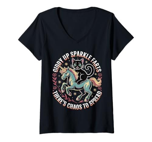 Damen Giddy Up Sparkle Farts There's Chaos to Spread - T-Shirt mit V-Ausschnitt Damen Giddy Up Sparkle Farts There's Chaos to Spread - T-Shirt mit V-Ausschnitt von Unicorn Mayhem Meme