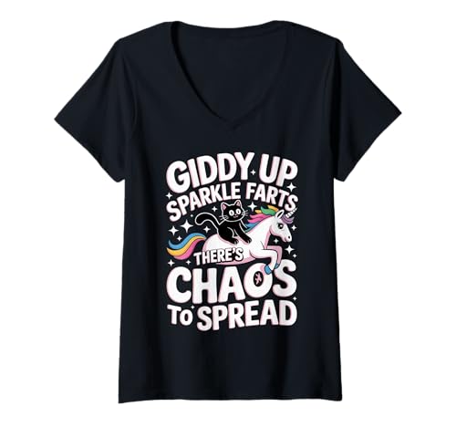 Damen Giddy Up Sparkle Farts There's Chaos to Spread |- T-Shirt mit V-Ausschnitt Damen Giddy Up Sparkle Farts There's Chaos to Spread |- T-Shirt mit V-Ausschnitt von Unicorn Mayhem Meme