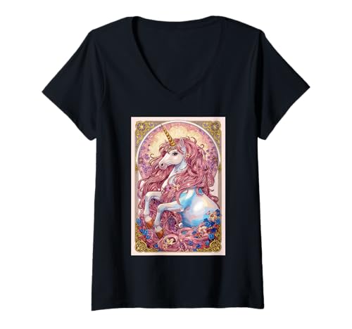 Damen Majestätisches Einhorn rosa Haar Blume Magie Kreatur Fantasie T-Shirt mit V-Ausschnitt von Unicorn Mythical Creature Horse Fantasy Magic