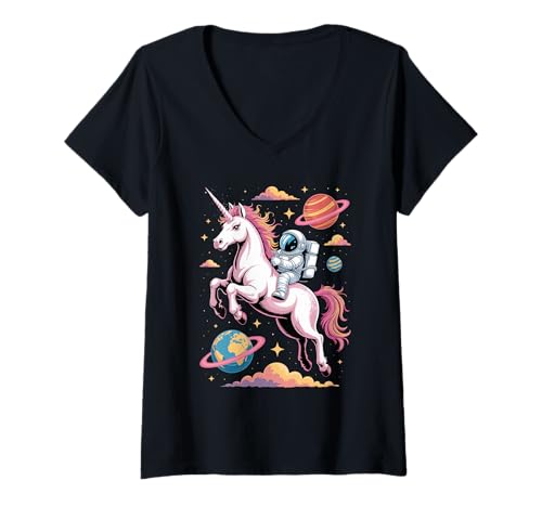 Damen Einhorn Astronaut Planeten Sonnensystem T-Shirt mit V-Ausschnitt Damen Einhorn Astronaut Planeten Sonnensystem T-Shirt mit V-Ausschnitt von Unicorn Pastel Art Gifts