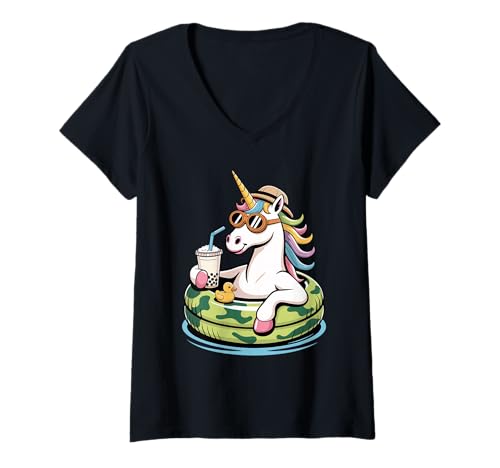 Damen Einhorn Boba Perle Milchtee T-Shirt mit V-Ausschnitt Damen Einhorn Boba Perle Milchtee T-Shirt mit V-Ausschnitt von Unicorn Pastel Art Gifts